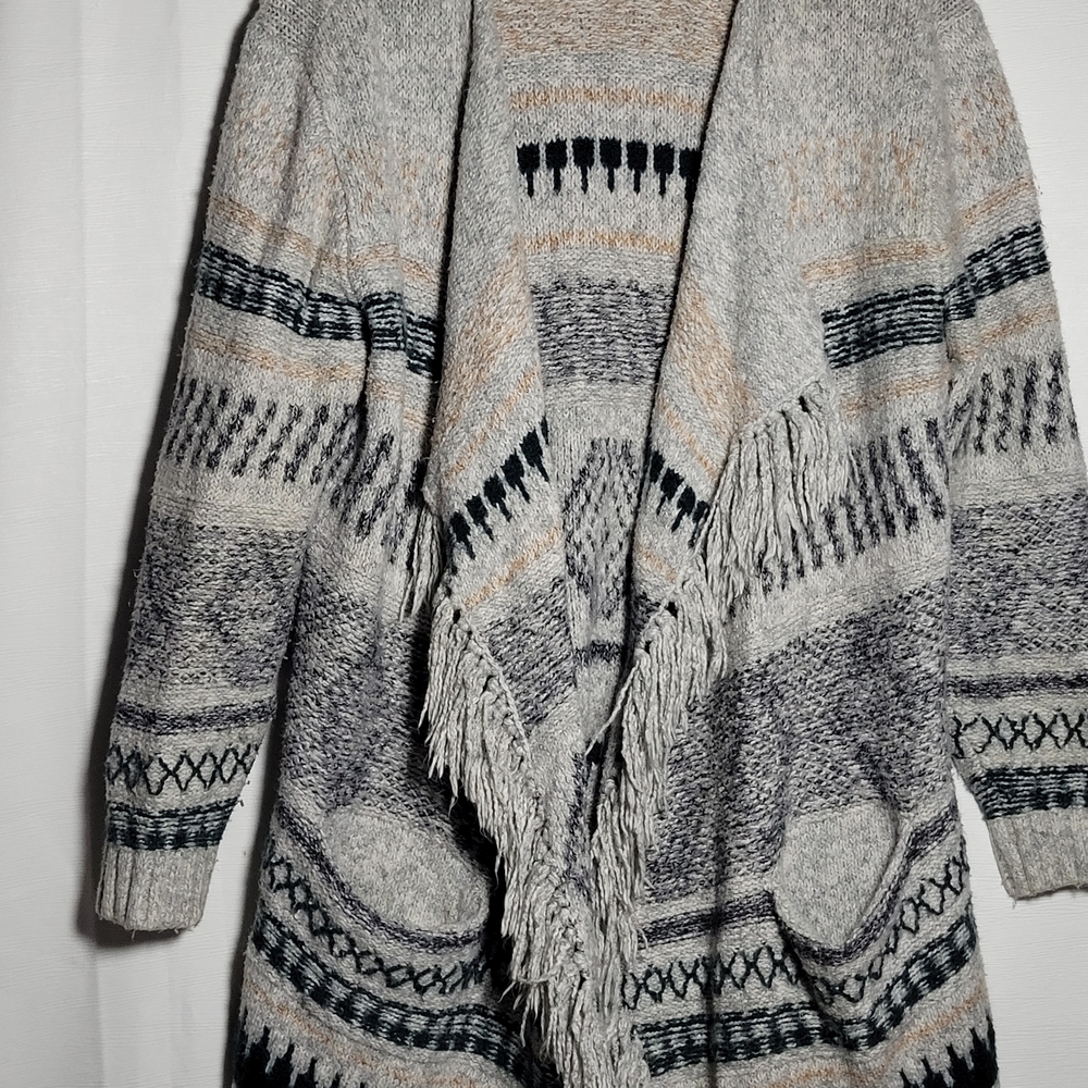 CAbi Multicolor Patterned Fringe Cardigan
